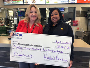Hardee's fundraiser. Photo of a big check.